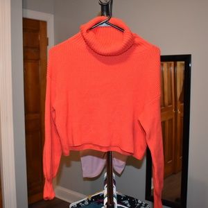 Women's Orange-Red Size Small Cropped Turtleneck Sweater